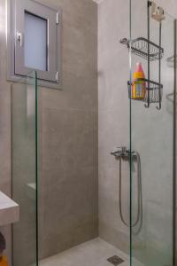 uma casa de banho com um chuveiro e uma porta de vidro em Academia apartments by the park em Atenas
