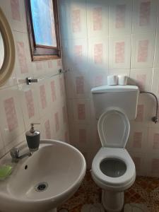 a bathroom with a white toilet and a sink at Elitineide Guest House in São Tomé