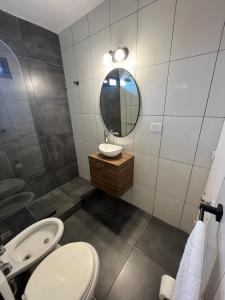 ein Badezimmer mit Toilette, Waschbecken und Spiegel in der Unterkunft DEPARTAMENTO 20 DE FEBRERO in Salta + 2 Fotos
