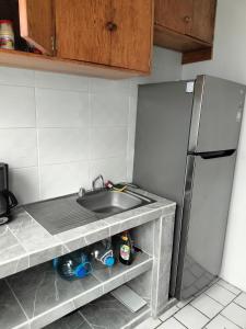 a kitchen with a sink and a refrigerator at Casa Lili in Cuernavaca