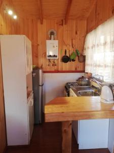 a kitchen with a white refrigerator and a sink at cabaña de 1 piso in Coñaripe