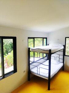 Amalaya Hostel في ريستريبو: سريرين بطابقين في غرفة بها نافذتين