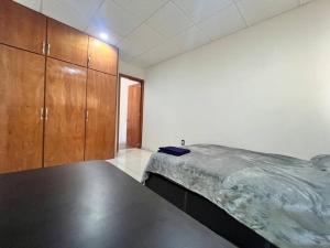- une chambre avec un grand lit et des placards en bois dans l'établissement Habitación en el corazón del Ángel de la independiente, à Mexico