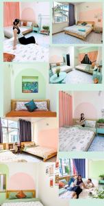 a collage of photos of a woman in a bedroom at Wasabi House 2 gần chợ đêm 5p đi bộ in Da Lat