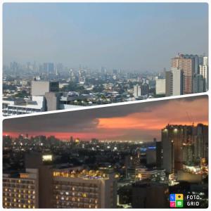 een uitzicht op de skyline van de stad met een zonsondergang bij Staycation in Quezon City with Netflix and Pool access at Tranquil Space by Ada in Manilla