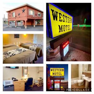 a collage of four pictures of a motel at Western Motel in Shamrock