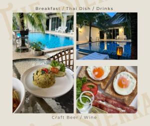 a collage of three pictures of food and a pool at Sierra Hostel in Nai Yang Beach