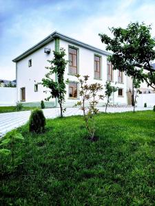 una casa blanca con un árbol delante en Qabala KOMFORT Villa, en Gabala