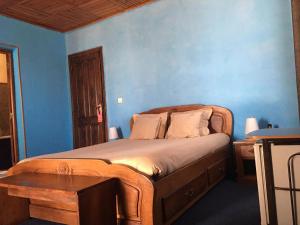um quarto com uma cama com paredes azuis e uma mesa em Iarimbato Hotel em Antananarivo