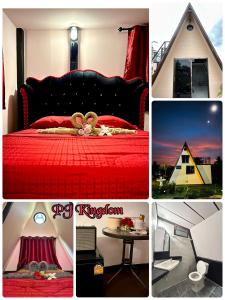 un collage de photos avec un lit et une maison dans l'établissement บ้านริมน้ำ สำหรับครอบครัว, à Buriram