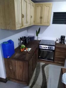 La cuisine est équipée de placards en bois et d'un four avec plaques de cuisson. dans l'établissement Cozy 1-bedroom house in quiet residential village., à Iloilo