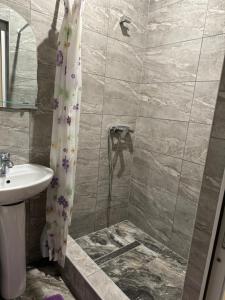 y baño con cortina de ducha y lavamanos. en Мотель Ріта, en Beregovo