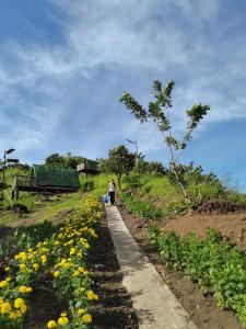a woman walking down a path next to a field of flowers at MIRA AgroPark in Kuyambay