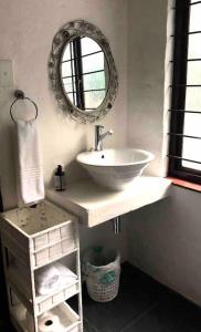 a bathroom with a sink and a mirror at Sherwood Garden Cottage in Durban