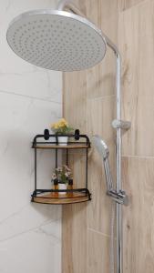 a shower with a shower head and a shelf with flowers at Apartament Temisto in Bydgoszcz