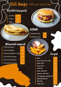 een menu voor een fastfoodrestaurant met een broodje en frietjes bij Sämi Siil in Sämi