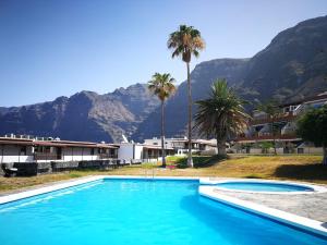 una piscina con palmeras y montañas al fondo en ZAMA Bella Vista en Acantilado de los Gigantes