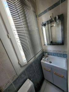 a bathroom with a toilet and a sink and a mirror at Buttes Chaumont - Ourcq Canal Paris in Paris