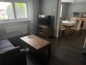 ein Wohnzimmer mit einem Sofa, einem TV und einem Tisch in der Unterkunft YURA vila Čeladná - ZDARMA SAUNA A VNITŘNÍ BAZÉN V YURA HOTELU in Čeladná