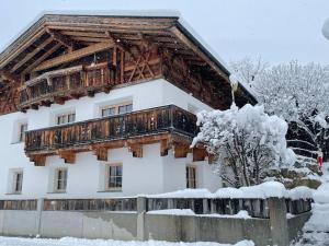 a house with a wooden roof in the snow at Haus Ehammer in Hopfgarten im Brixental