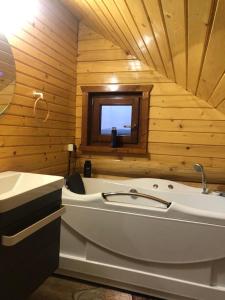 a bathroom with a tub and a sink and a tv at Casa din Deal in Moldoveneşti