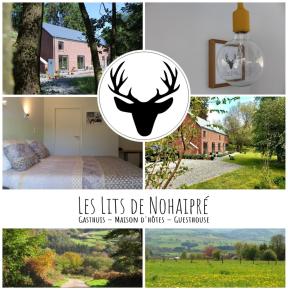 kolaż zdjęć ze zdjęciem głowy jelenia w obiekcie B&B Les Lits de Nohaipré w mieście Rendeux