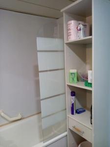 a closet with white shelves and a glass door at Studio des Thermes 2* in Vittel