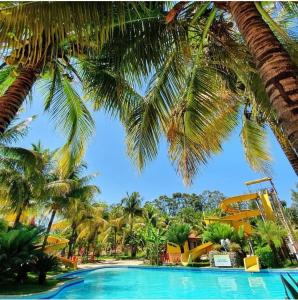 Una vista de un resort con piscina y palmeras. en Barretos Thermas Resort, en Barretos