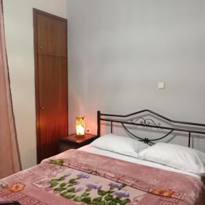 een slaapkamer met een bed en een tafel met een lamp bij STEVE'S HOUSE & ELDI in Edessa