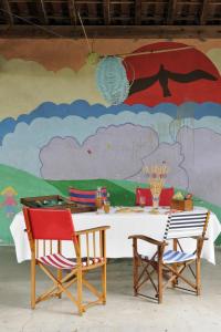 a table and two chairs in front of a mural at La Maison d'Ambronay in Ambronay +19 photos