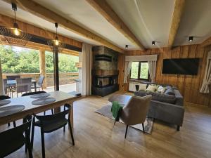 a living room with a couch and a fireplace at Domek LUNA in Olchowiec