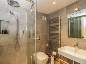 a bathroom with a shower and a toilet and a sink at The Barn at Westhall Cottage in Burford +20 photos