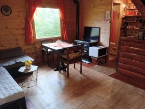 een woonkamer met een tafel en een televisie bij Mountine cottage Hajdi Komovi in Podgorica
