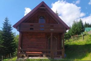 Cabaña de madera pequeña con techo a dos aguas en Mountine cottage Hajdi Komovi, en Podgorica
