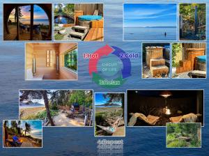 un collage de photos de maisons et de l'océan dans l'établissement Manna House, à Denman Island
