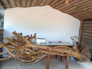 a kitchen with a table and a large tree trunk at The Coast Beach Resort in Agonda