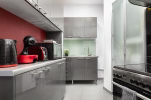 a kitchen with stainless steel appliances and red walls at Acropolis Elegant Penthouse in Athens