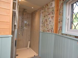 a bathroom with a shower with a glass door at 1 Bed in Bodiam 51574 in Bodiam