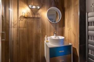 a bathroom with a sink and a mirror at Le Cerf - Duplex avec superbe vue montagne in Les Angles +11 photos