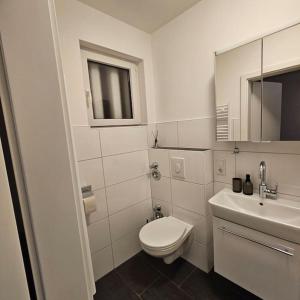 ein weißes Bad mit einem WC und einem Waschbecken in der Unterkunft Fewo am premium Wanderort in Bad Berleburg