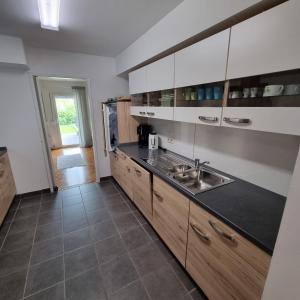 a kitchen with a sink and a counter top at Texashaus Apfelbacher in Kitzingen