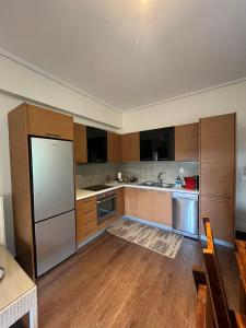 a kitchen with wooden cabinets and stainless steel appliances at Mountain House Eptalofos in Eptalofos