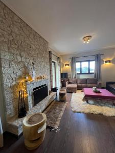 a living room with a fireplace and a couch at Mountain House Eptalofos in Eptalofos