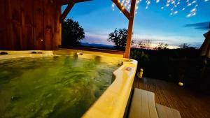 a jacuzzi tub with green water in it at Chalet-studio Bien-Hetre in Fichous-Riumayou