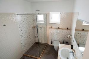 Park Residence 2 في سيغيتو مارماتيي: حمام مع دش ومغسلة ومرحاض