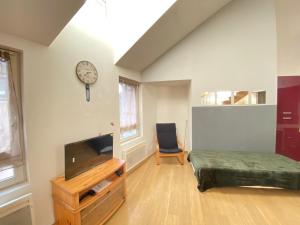 a bedroom with a tv and a bed and a clock at Le Duplex Ruthenois, Rodez centre in Rodez