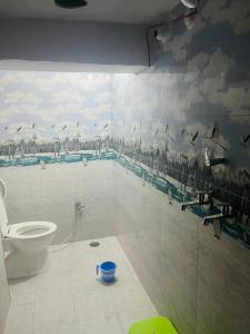 La salle de bains est pourvue de toilettes et d'oiseaux sur le mur. dans l'établissement Maa Gayatri Dormitory, à Varanasi