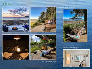 een collage van foto's van een strand en een hangmat bij Manna House in Denman Island