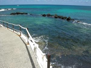 a white rail next to the ocean with rocks in the water at Punta mujeres casitas del mar in Arrieta