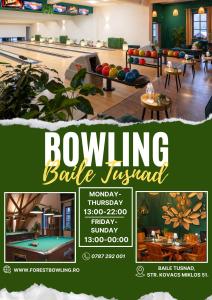 a flyer for a bowling ball festival with a pool table at Art'e Boutique Hotel in Băile Tuşnad